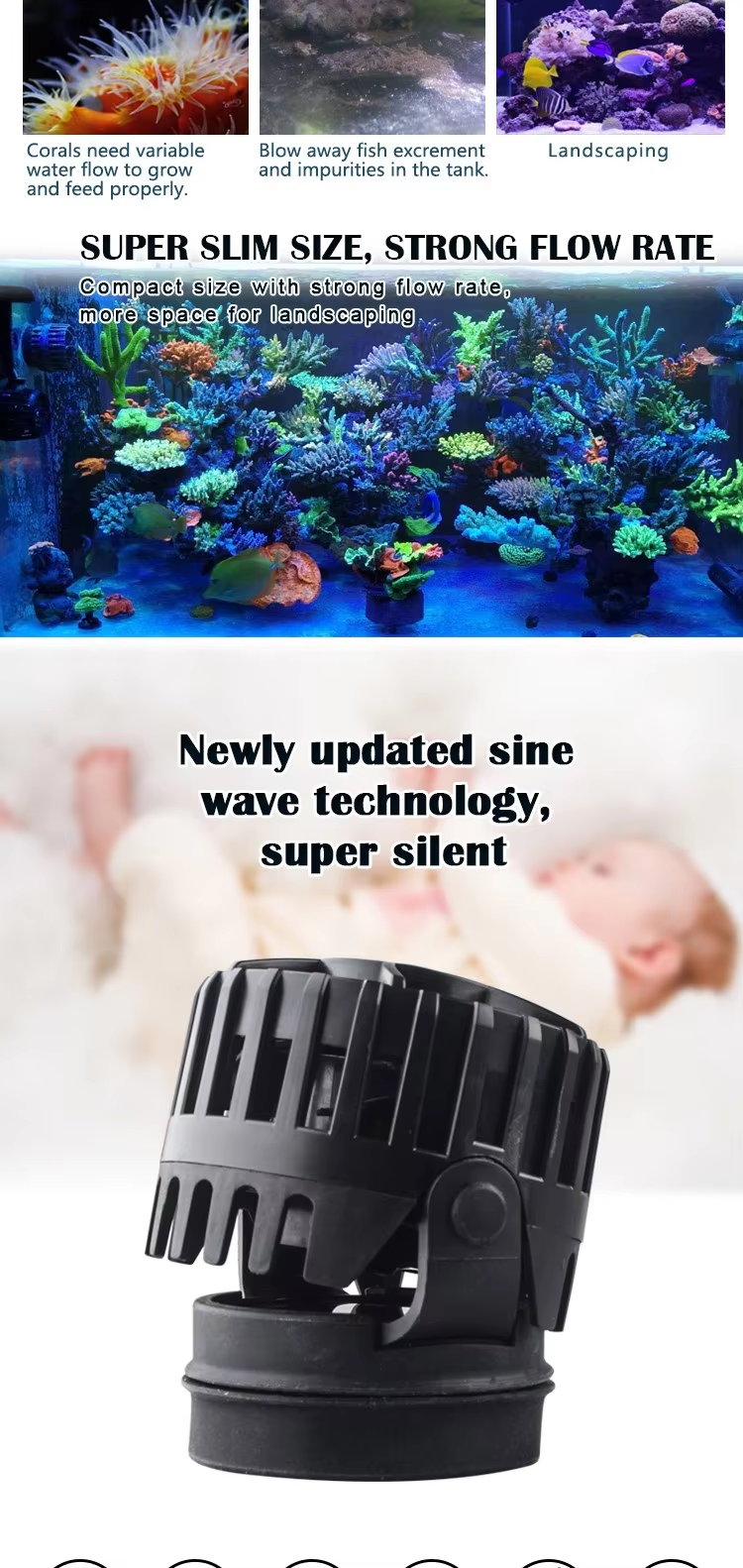 ZKSJ Slim Aquarium Wave Pump – 2000L to 30000L Flow, Wireless Control & Feces Blower